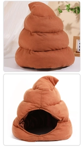 Detailed views of a funny poop-shaped plush hat with soft brown fabric texture
