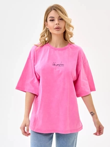 Rosafarbenes Oversize-Baumwoll-T-Shirt mit Like-Sunshine-Print im Retro-Wasch-Stil