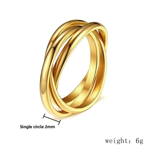 Detailed view of 2mm interlocking triple bands in polished gold stainless steel