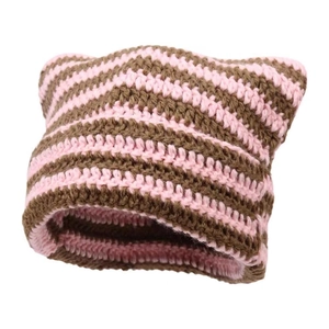 Pink and brown striped knit beanie featuring cute cat ear design for women