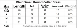 Size chart for plaid mini dress with round collar including measurements for XS to L