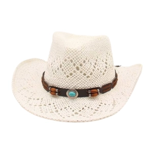 Cappello da cowboy in paglia color crema con pietra turchese e perline di legno
