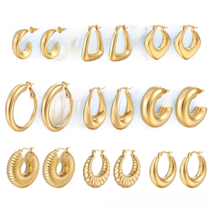 Detailed grid of assorted 18K gold plated stainless steel hoop and geometric earrings
