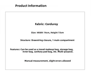 Detailed size specifications for corduroy drawstring pouch showing 14cm x 15cm dimensions