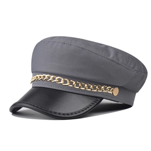 British style baker boy hat in grey fabric with black PU leather brim and gold chain