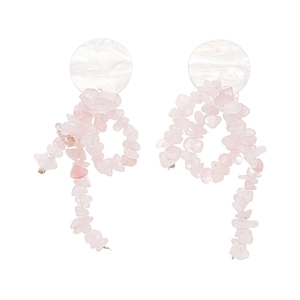 Summer pink natural stone tassel earrings with white shell studs for women