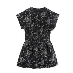 Vintage floral jacquard mini dress with ruffle cap sleeves and a slim waistline