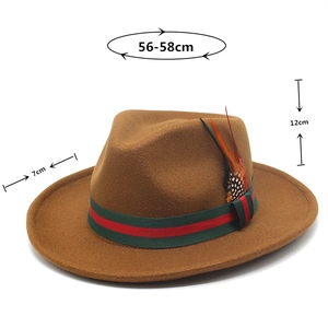 Detail of wool fedora hat featuring red and green striped ribbon and colorful feather