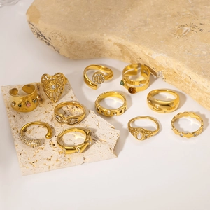 Luxury vintage gold stainless steel ring set with zircon on travertine stones