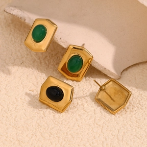 Retro 18K gold plated stainless steel hexagonal shield earrings with green and black gems
