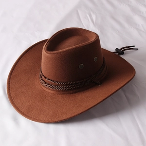 Detail of brown faux suede cowboy hat showing braided band and metal air vents