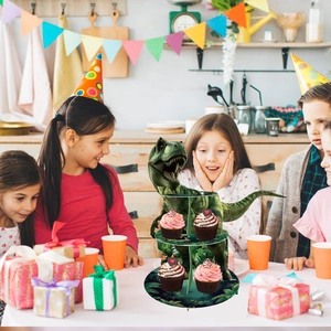 Alzatina per cupcake a 3 livelli a tema dinosauro T-Rex per feste di compleanno bimbi