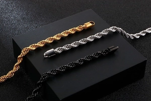 Detailed close-up of 6mm twisted rope chain bracelets in gold silver and black colors