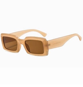 Detail view of tortoiseshell rectangle sunglasses showing CE mark and frame specifications