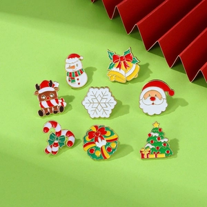 Detail of 8 Christmas enamel brooches featuring Santa, snowmen, and festive reindeer