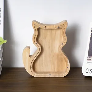 Detailed view of cat-shaped wooden money box with transparent acrylic front panel