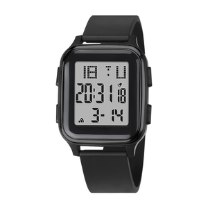 Teenagers digital sports watch with black rectangular dial and rubber strap on white background