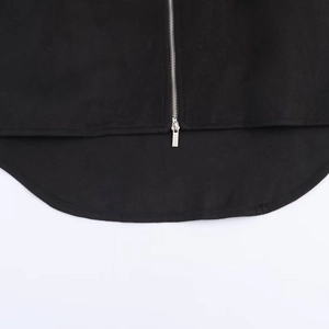 Fashionable black zippered wool jacket for women with stylish curved hem details