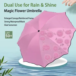 Folding Umbrella With Magic Flower Pattern When Wet Sun Rain Parasol Black Glue UV Protection Scalloped Edge