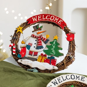 Handcrafted Christmas wreath with snowman and Welcome sign for home door decoration