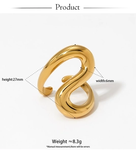 Detail of gold geometric irregular curve ring with 27mm height and 6mm width specs