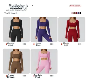 Détail de l'ensemble de yoga sans couture avec haut à manches longues et legging serré