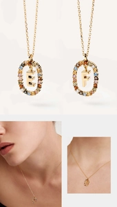 Detail of S925 silver letter necklace with colorful cubic zirconia halo and gold chain