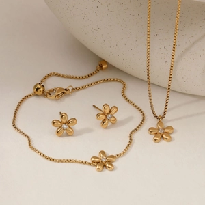 Stainless Steel Zircon Flower Necklace Bracelet Stud Earrings Waterproof Hypoallergenic PVD Gold Jewelry For Women