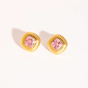 Retro Gold-Ohrringe im Quadrat-Design mit rosa Zirkonia und gedrehtem Rahmen