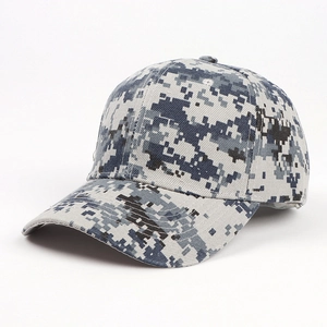 Detail view of the digital camouflage baseball cap showing six-panel stitch and ventilation