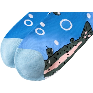 Macro detail of breathable knit texture and fish pattern on blue mid-calf cotton socks