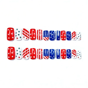24-piece set of medium square press-on nails featuring patriotic US flag stars and stripes