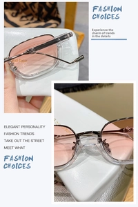 Detail of trendy rectangle sunglasses featuring pink gradient lenses and silver metal hinges
