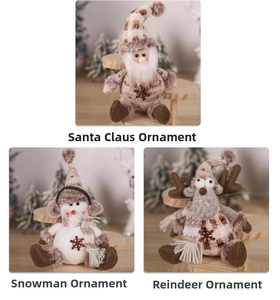 Macro detail of knitted Santa, Snowman, and Reindeer ornaments with plaid patterns