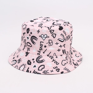 Detail view of pink cotton bucket hat with black and white love graffiti print