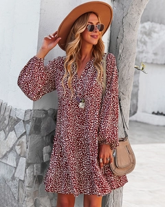 Red floral V-neck long sleeve dress with ruffled hem and loose bohemian vacation style