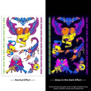 Luminous temporary tattoo stickers with gothic wings and eagle icons in UV glow