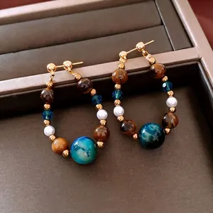Boucles D'oreilles Créoles Perlées Vintage Avec Pierre Oeil De Tigre Künstliche Perle Künstliche Perles De Verre Et Tige En Argent