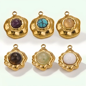 Vintage Flower Pendants Natural Stone Inlaid 18K Gold Plated Stainless Steel Charms For DIY Jewelry Making