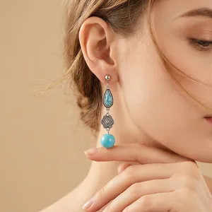 Vintage bohemian drop earrings with turquoise stones and silver floral filigree detail