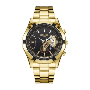 Classic men's gold stainless steel chronograph watch with black dial and luminous hands