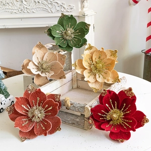 Velvet Christmas Magnolia Flower Artificial Glitter Floral Ornament For Tree Decoration Festive Home Decor