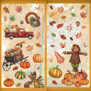 Fall window clings with pumpkins, scarecrows, and maple leaves for Thanksgiving decor