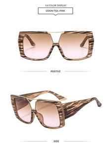 Front and side views of square pilot sunglasses in wood-grain frame and tea pink gradient lenses