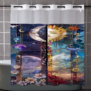 Waterproof sun and moon stained glass pattern shower curtain with decorative metal rings