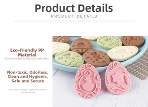 Detail of Easter egg cookie cutters showing pink eco-friendly PP plastic texture and embossed patterns