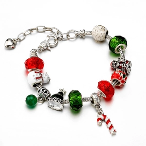 Christmas Charm Bracelet Beaded Snake Chain Copper Alloy Enamel Snowman Santa Candy Cane Holiday Jewelry Adjustable