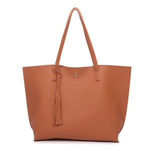 Brown litchi grain PU leather tote bag with stylish tassel charm and magnetic closure