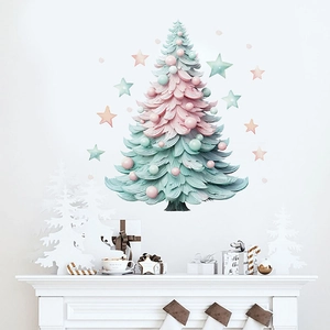 Detail of pink and green gradient 3D Christmas tree wall decal above a white fireplace