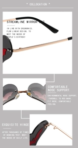 Detail of bat-shaped sunglasses featuring streamlined metal legs and ergonomic nose pads